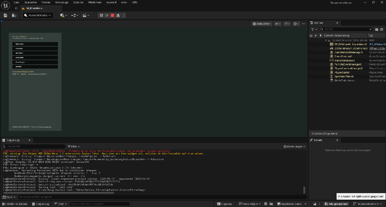 Frühes Hauptmenü des Spiels im Unreal Editor